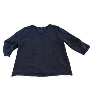 J Jill Blue Knit V Neck Pullover Sweater Sz XL Nautical Casual Comfort